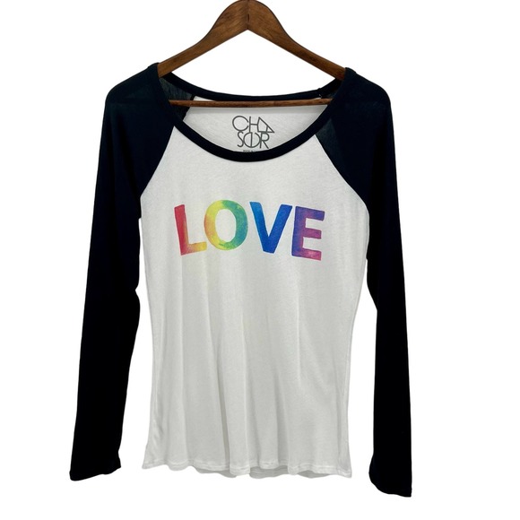 Chaser LOVE Raglan Tee Womens Medium Rainbow Black White Long Sleeve - Picture 2 of 7
